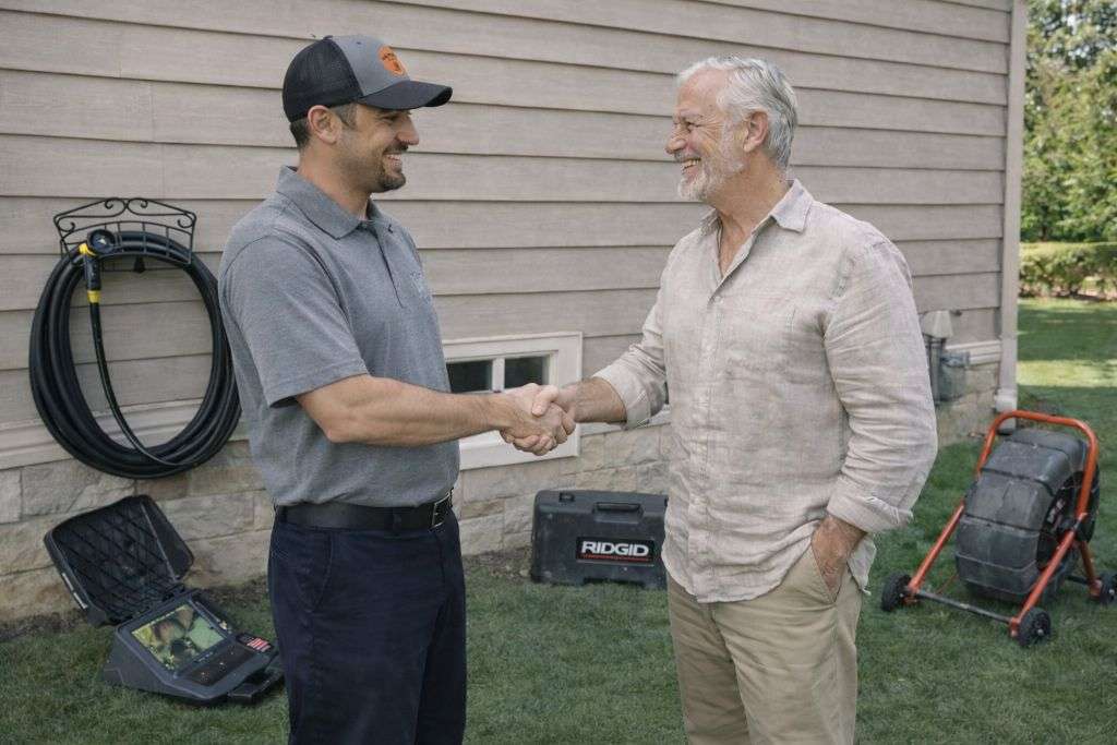 Plumber running a camera down a main drain line